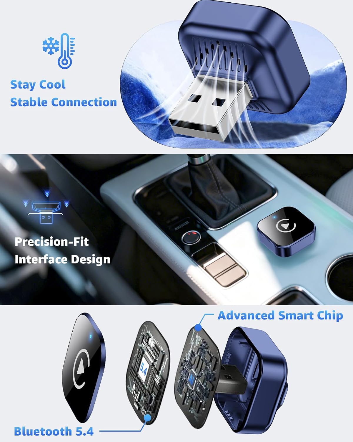 محول لاسلكي ومحول اندرويد اوتو من كاربلاي، ترقية 2026 2 في 1 للتوصيل والتشغيل، دونجل USB/USB-C، يحول سلكي الى لاسلكي للسيارات، اتصال سريع ومستقر، يناسب ايفون واندرويد، ازرق كحلي