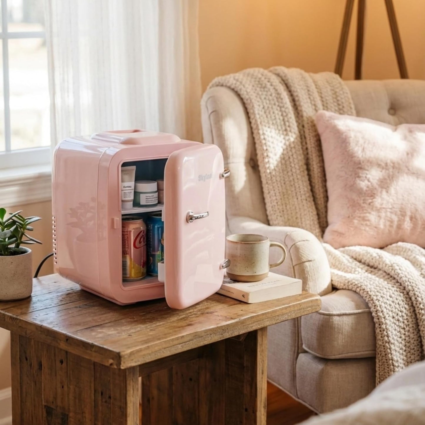 Skyland Mini Fridge 4L / 6 Can – Portable Cooler & Warmer for Skincare, Cosmetics, Food & Drinks – Quiet, Energy Efficient Personal Beauty Fridge for Home, Office, Car & Travel (Pink)