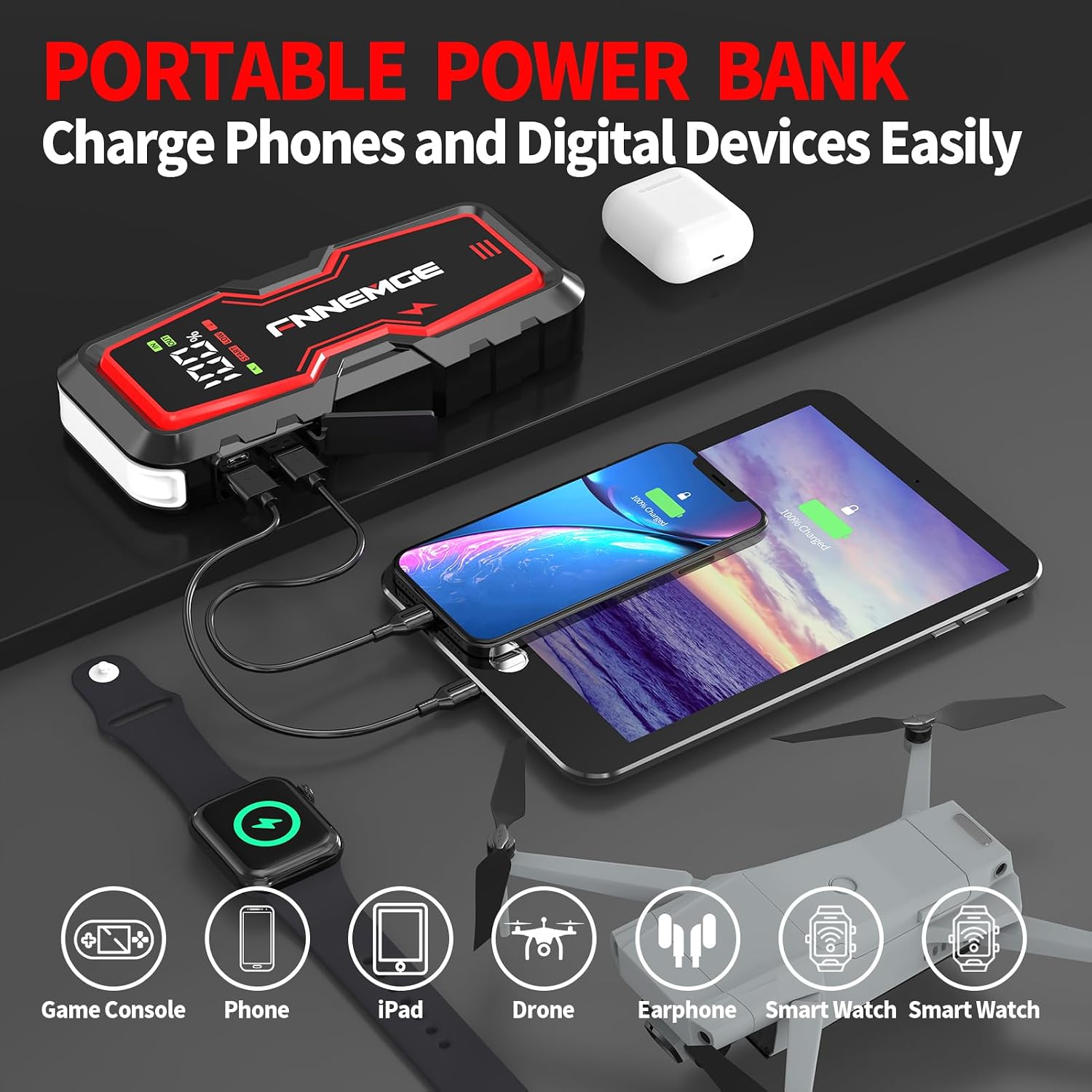 FNNEMGE Car Jump Starter, 9000A Peak 26800mAh 12V Jump Starter Battery Pack(Up to All Gas, 10.0L Diesel Engine),with USB Charge Output Port,LED Light,HD Large Screen