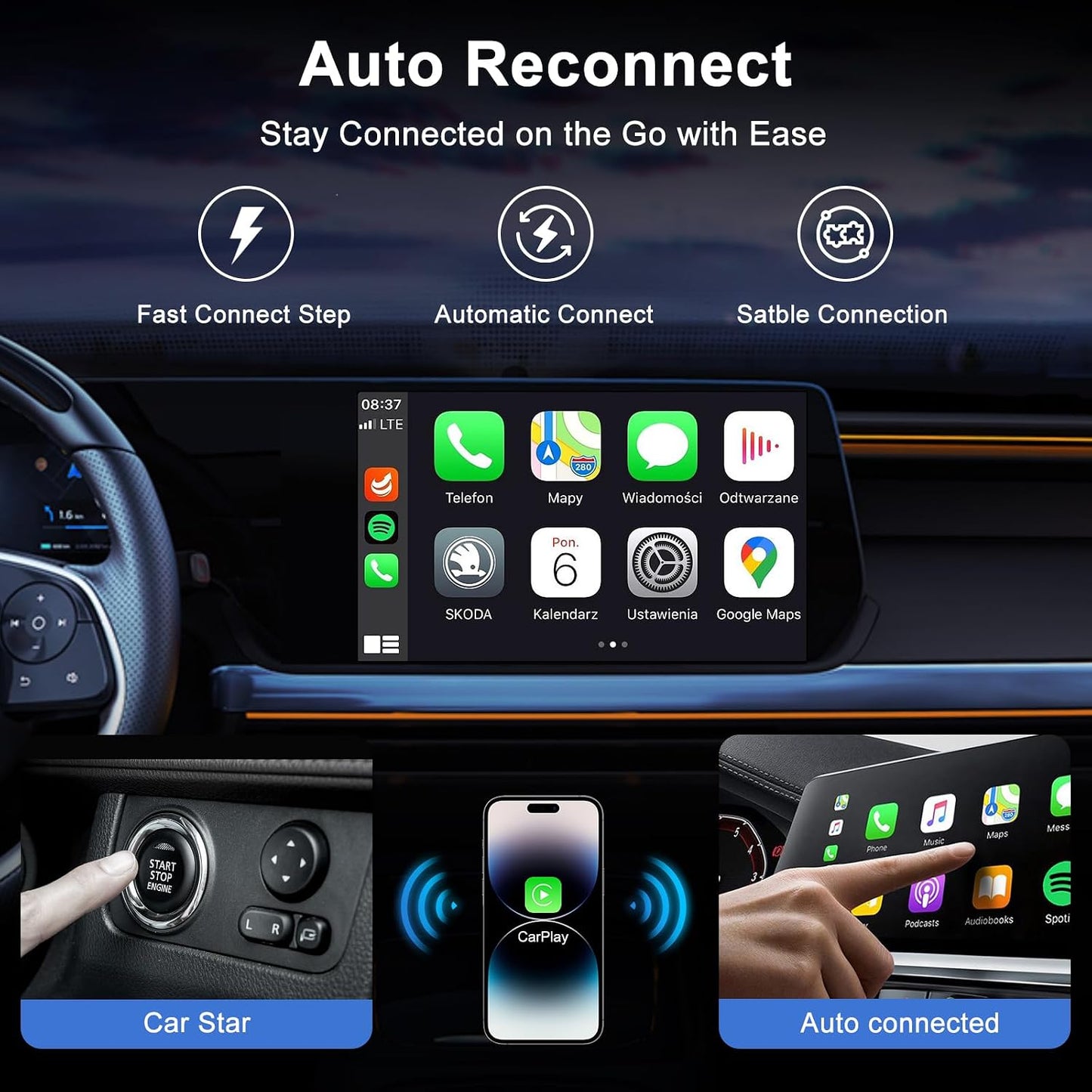 Carplay Wireless Adapter For Iphone, Dongle, Bluetooth Convert Wired To Compatible With 2016+ Cars (Supports Ios 10-17)