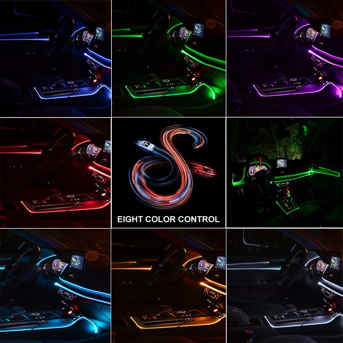 HOLDCY شريط اضاءة LED للسيارة، اضواء داخلية RGB للسيارة، 5 في 1 بطول 236.22 انش من الالياف الضوئية، مجموعات اضاءة محيطية متعددة الالوان للوحة القيادة، وضعية DIY ووضعية الموسيقى، خاصية تشغيل الصوت