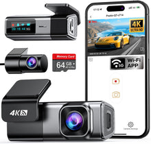 Navycrest 4K Dash Cam Front and Rear with 64GB Card, Built-in 5G WiFi, Dash Camera for Cars 4K Front and 1080P Rear, Dashcams for Cars Loop Recording, Gravity Sensor, 24-Hours Parking Mode