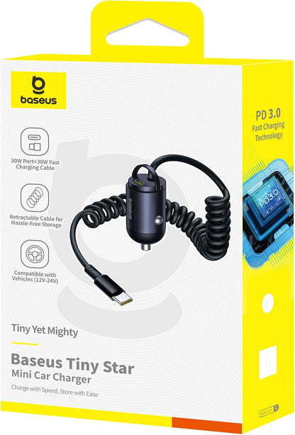 باسيوس 【منفذ واحد - كيبل ملفوف نوع C + 30 واط من النوع C】شاحن سيارة USB-C فائق السرعة بي دي وكيو سي 3.0 لايفون 15 وسامسونج وسلسلة وايباد وماك بوك اير والمزيد