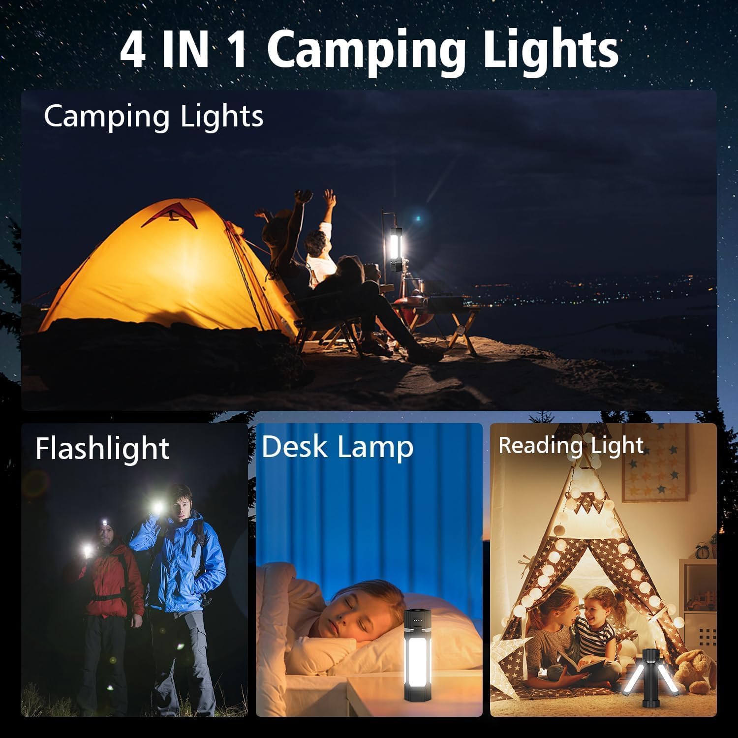 Camping Lantern, LED Flashlight Lantern, Foldable Electric Camping Lights Lamp 5 Modes, 3000mAh Portable with Magnetic Top for Outdoor, Power Cuts, Fishing, Magnetic Vehicle Repair Light