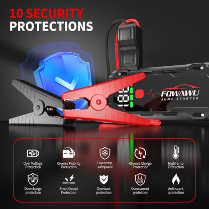 FOWAWU 22800mAh 6000A Peak Jump Starter for 12V Vehicles (10L Petrol / 8L Diesel) and Moto, Car Battery Jump Starter Power Pack with Smart Jumper, 5 * 3.5 CM Large Screen and LED Torch