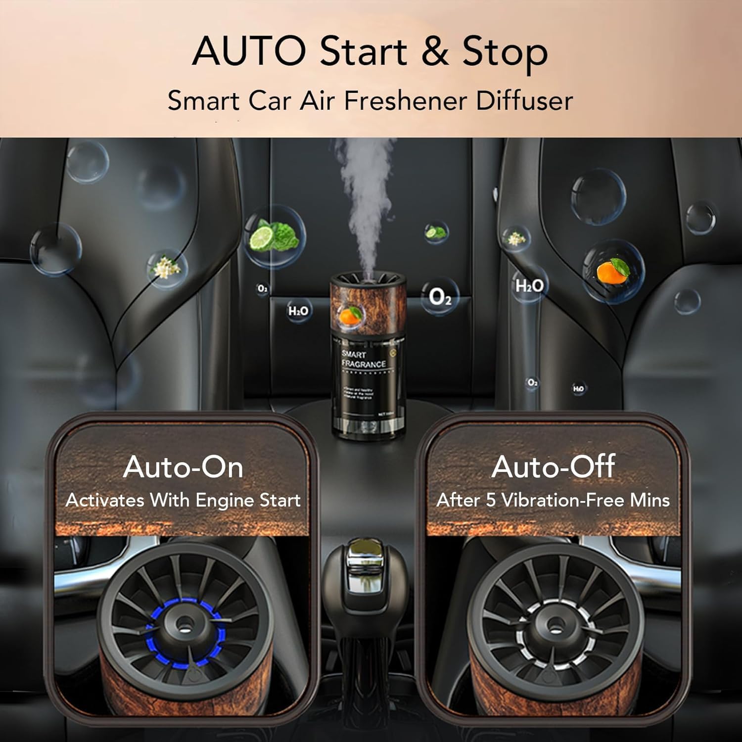Smart Car Air Freshener Diffuser - Waterless Diffusers for Essential Oils, Ultrasonic Mist Auto On/Off, 3 Adjustable Modes, 160 ML Long Lasting 3 Months, Luxury Natural Cologne for Car, Office