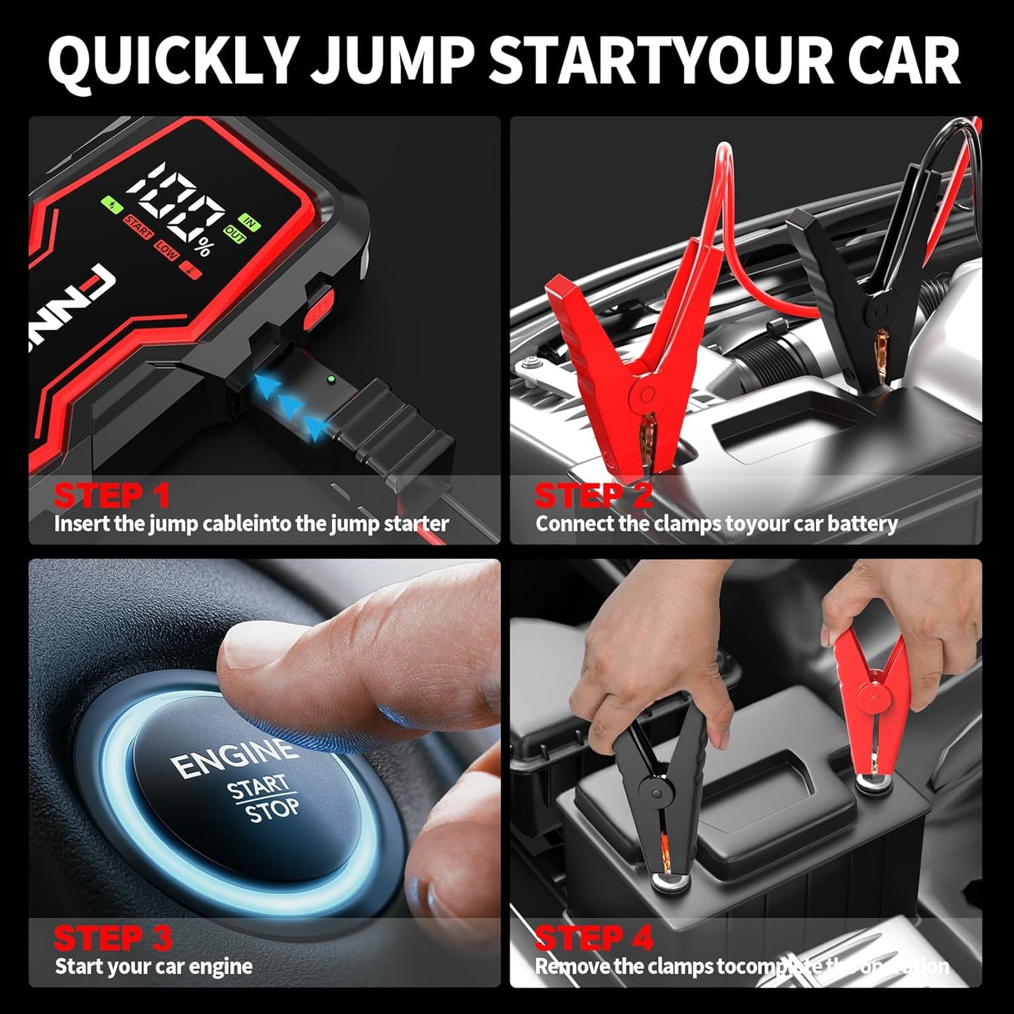 FNNEMGE Car Jump Starter, 4000A Peak 12V Jump Starter Battery Pack(Up to 8.0L Gas & 6.5L Diesel),with USB Charge Output Port,LED Light,HD Large Screen.