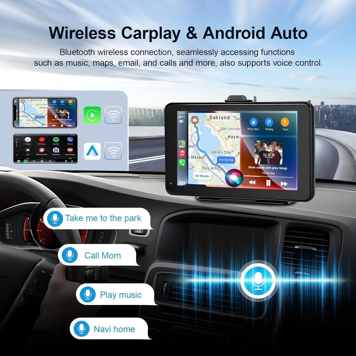 BIGTHREE Car Stereo Wireless Apple Carplay Android Auto, Portable 7 Inch IPS Touchscreen Radio Carplay Screen in Dash Navigation Unit with Bluetooth, Mirror Link, Voice Control, FM/AUX Cable