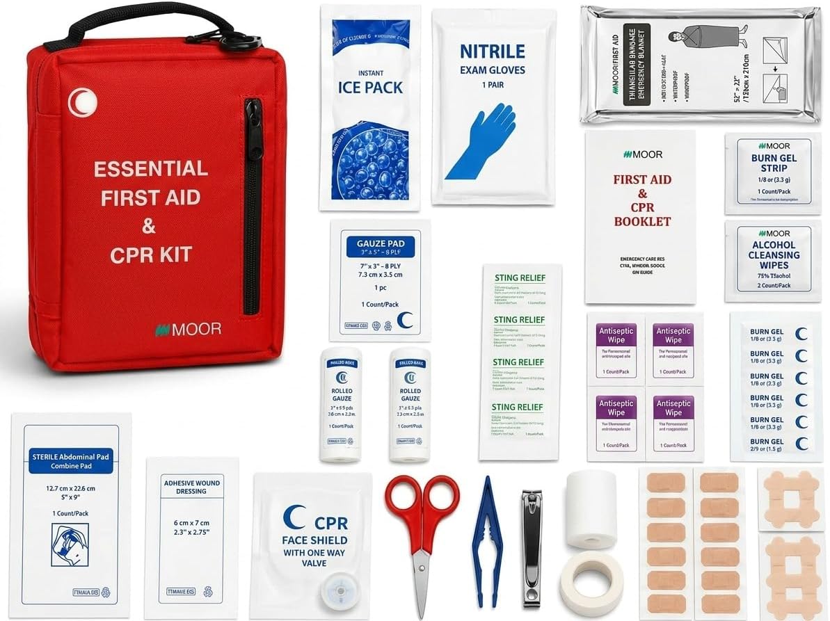 MOOR Essential First Aid & CPR Kit – Complete Emergency Survival Kit with Instant Ice Pack, Nitrile Gloves, CPR Face Shield, Gauze Pads, Bandages for Car, Home, Travel, Camping, Office