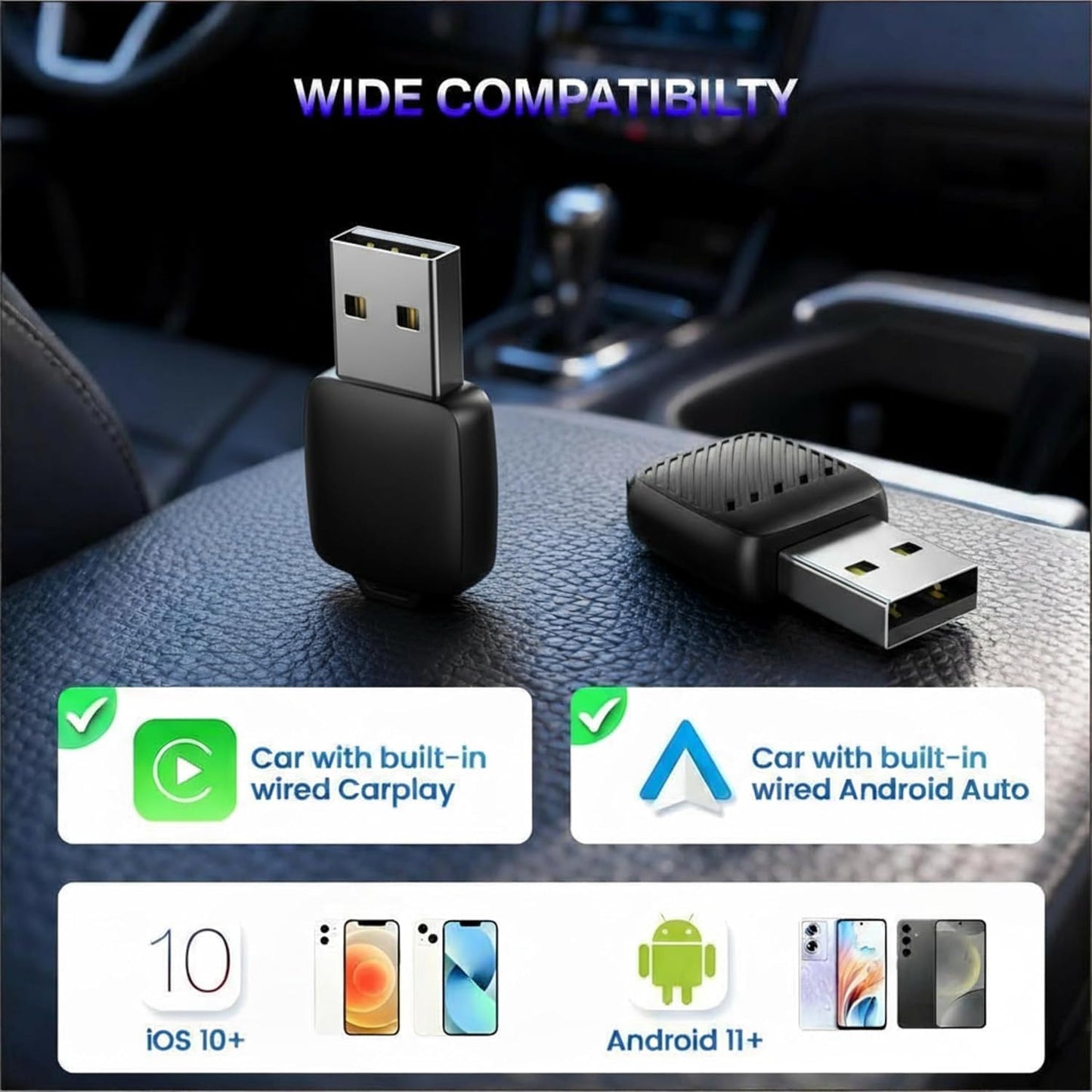 محول لاسلكي صغير كاربلاي واندرويد، دونجل سلكي الى لاسلكي، USB نوع ايه مع محول نوع سي متضمن، توصيل تلقائي سريع، توصيل وتشغيل للسيارات مع كار بلاي من المصنع