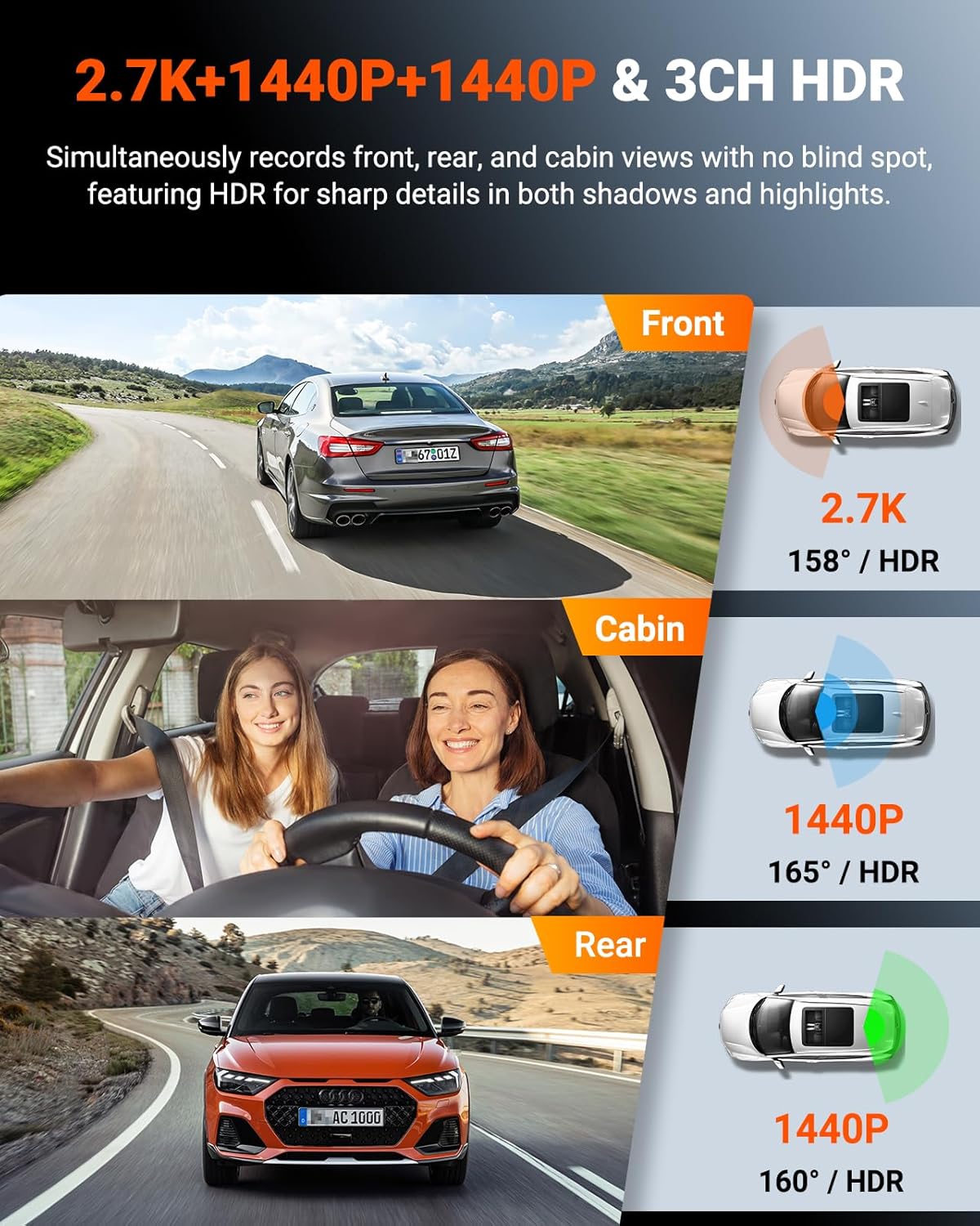 Vantrue N4S 3 Channel WiFi Dash Cam, STARVIS 2, PlatePix™, 2.7K+1440P+1440 Front Inside Rear Dashcam, HDR, IR Night Vision, Voice Control, GPS, G-sensor, 24/7 Buffered Parking Mode, Support 1TB Max