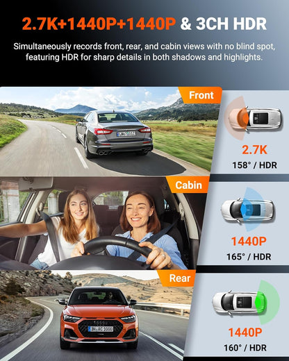 Vantrue N4S 3 Channel WiFi Dash Cam, STARVIS 2, PlatePix™, 2.7K+1440P+1440 Front Inside Rear Dashcam, HDR, IR Night Vision, Voice Control, GPS, G-sensor, 24/7 Buffered Parking Mode, Support 1TB Max
