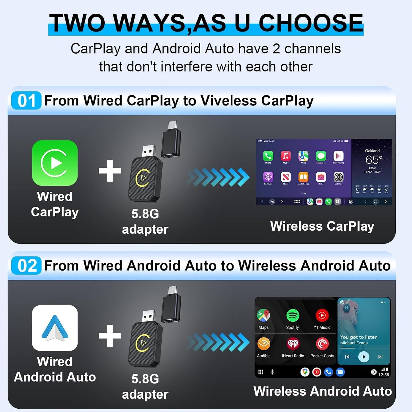 محول لاسلكي صغير من LBOYLOVE لنظام CarPlay ونظام Android Auto لأجهزة iPhone والأندرويد، توصيل تلقائي وتشغيل، بلوتوث 5.0 اتصال مستقر وسريع، يحول نظام CarPlay السلكي المثبت خصيصًا إلى محول CarPlay