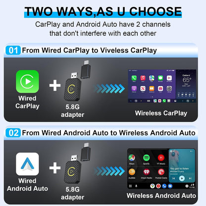 محول لاسلكي صغير من LBOYLOVE لنظام CarPlay ونظام Android Auto لأجهزة iPhone والأندرويد، توصيل تلقائي وتشغيل، بلوتوث 5.0 اتصال مستقر وسريع، يحول نظام CarPlay السلكي المثبت خصيصًا إلى محول CarPlay