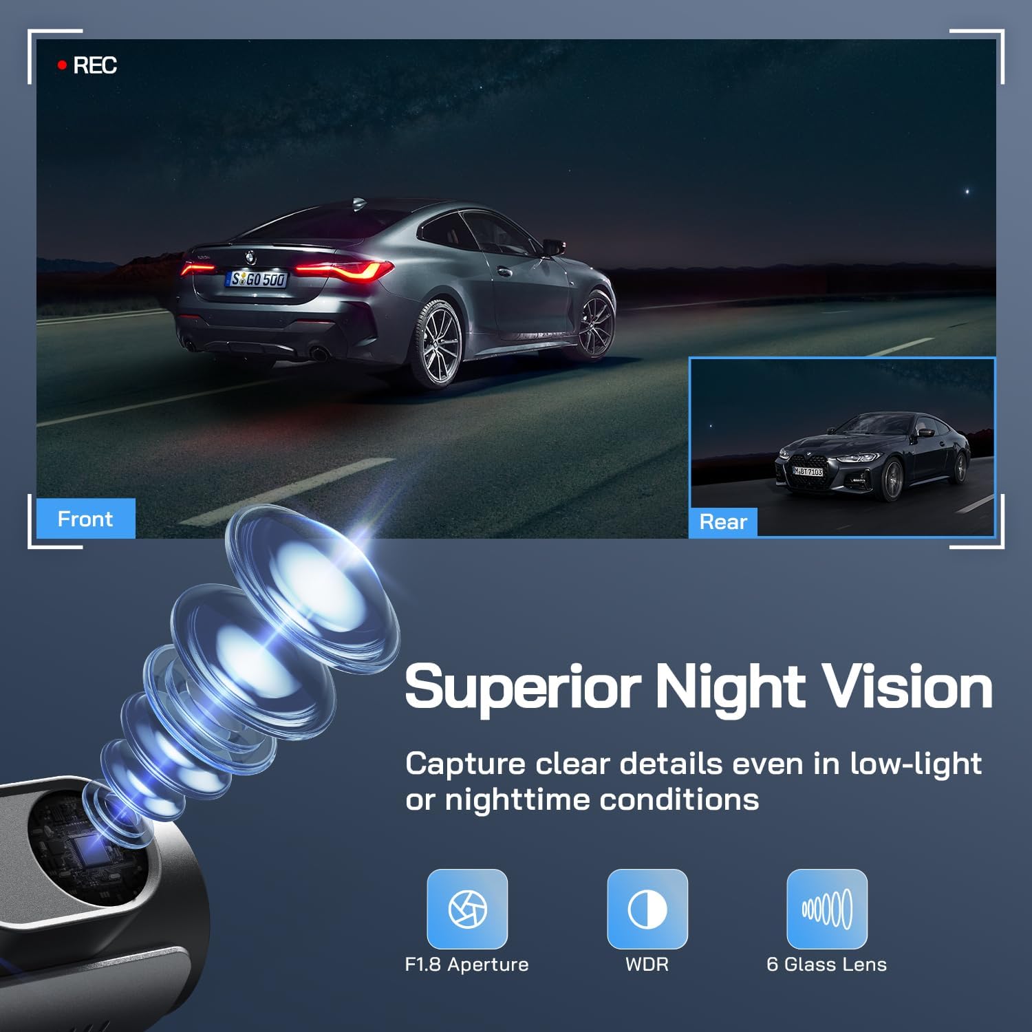 WOLFANG 4K Dash Cam Front and Rear WiFi Dashcam, Dual Car Camera Dash Cam with Super Night Vision, Loop Recording, G-Sensor, 170 Wide Angle, Parking Guard, with SD Card, APP Control