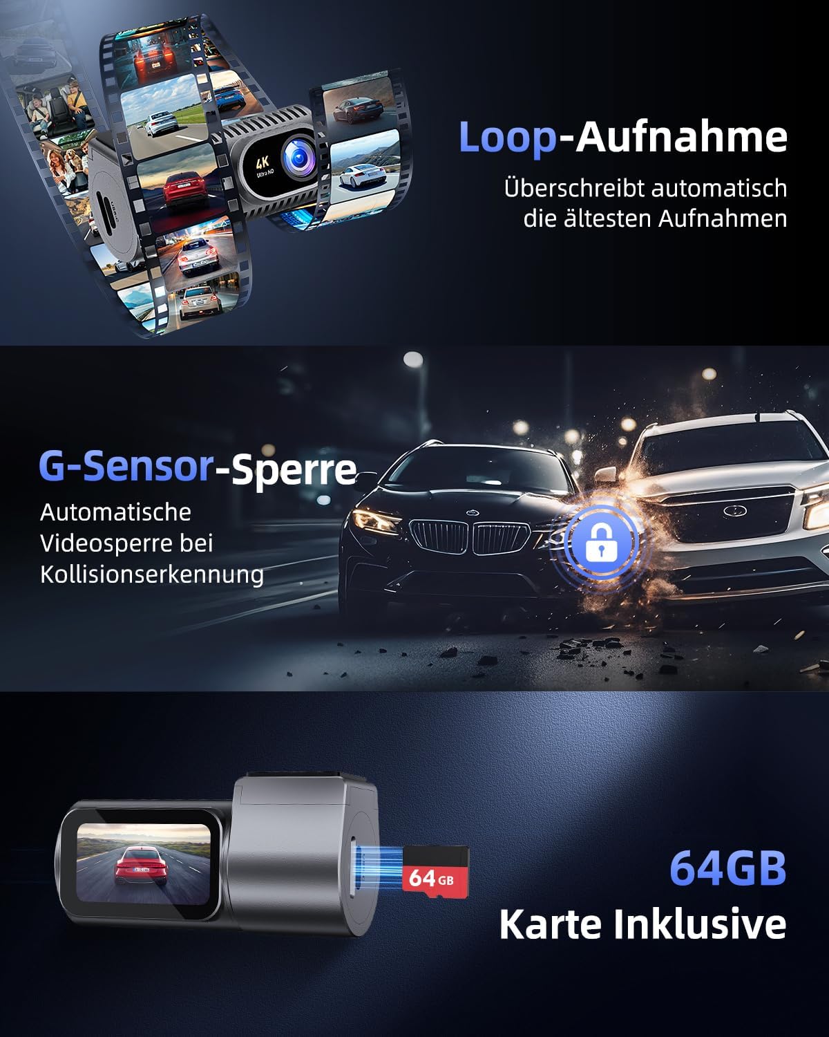 Dash Cam Front 4K - 1.5" IPS Display & 5G WiFi & 64G Card, 360° Rotation Mini Dashcam, Car Camera with WDR Night Vision, 24H Parking Mode, G-Sensor, Loop Recording,170° Angle, Dash Camera for Cars DE