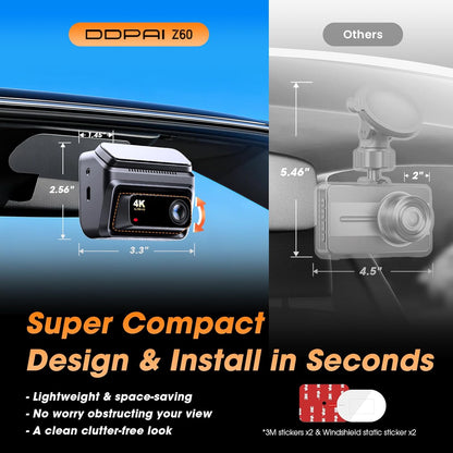 DDPAI 4K Dash Cam for Cars Front and Rear, 2160P+1080P Dashcam, 5GHz WiFi6 Car Dash Camera, 3" IPS with 32G eMMC GPS Night Vision 24H Parking Monitor ADAS G-Sensor Max Support 512G, Z60