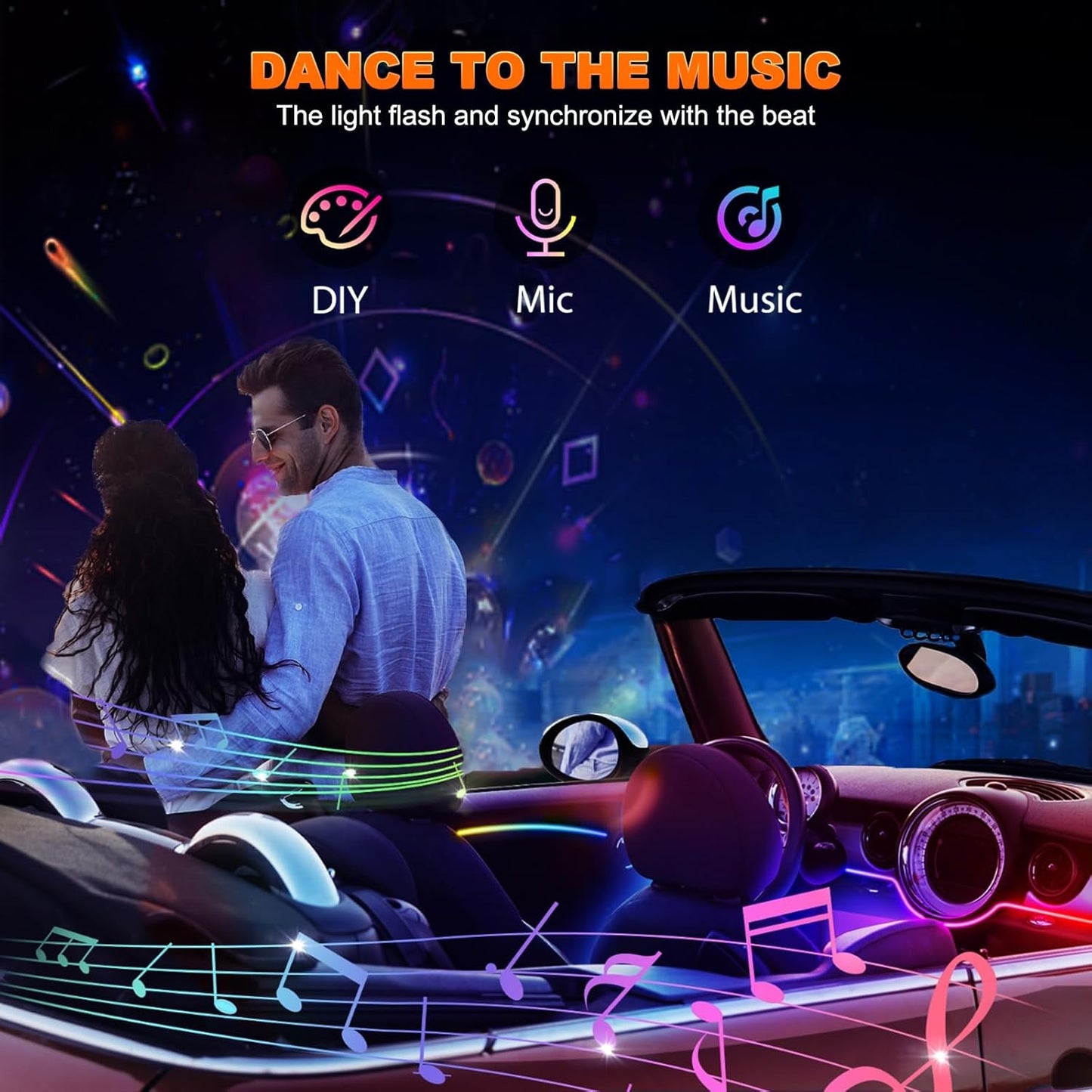 اضواء شريط داخلي LED للسيارة من جوشوب، اضواء LED اكريليك للسيارة مع تقنية Dreamcolor الديناميكية، مجموعة اضاءة محيطة مع تحكم لاسلكي في التطبيق وجهاز تحكم عن بعد بالترددات الراديوية (6 في 1)