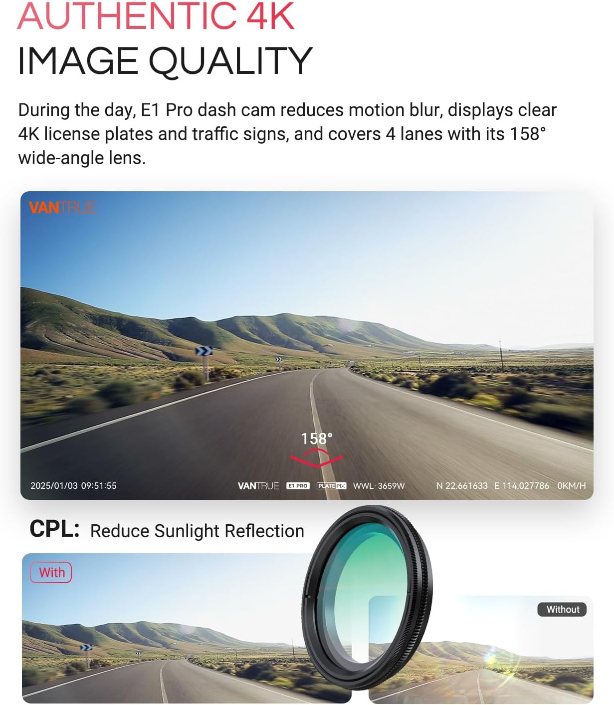 Vantrue E1 Pro 4K Mini Dash Cam Front, STARVIS 2 PlatePix™ HDR Night Vision Car Camera, Built-in 5G WiFi GPS, 1.54'' IPS Screen, LTE Support, Voice Control, 24/7 Buffered Parking Mode, Support 1TB Max