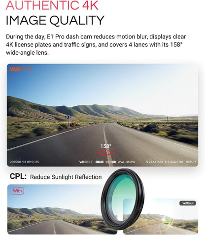 Vantrue E1 Pro 4K Mini Dash Cam Front, STARVIS 2 PlatePix™ HDR Night Vision Car Camera, Built-in 5G WiFi GPS, 1.54'' IPS Screen, LTE Support, Voice Control, 24/7 Buffered Parking Mode, Support 1TB Max