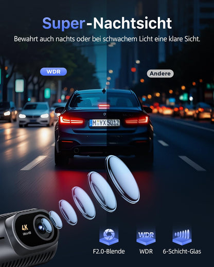 Dash Cam Front 4K - 1.5" IPS Display & 5G WiFi & 64G Card, 360° Rotation Mini Dashcam, Car Camera with WDR Night Vision, 24H Parking Mode, G-Sensor, Loop Recording,170° Angle, Dash Camera for Cars DE