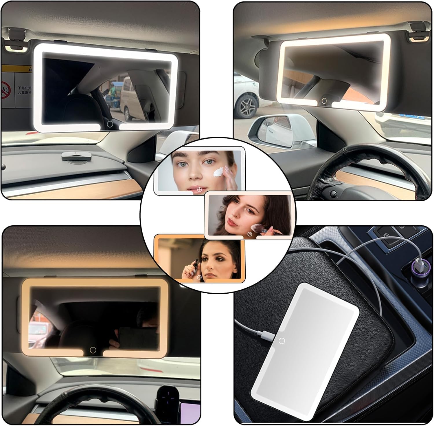 مرآة تجميل LED لحاجب الشمس في السيارة، مرآة مكياج قابلة لإعادة الشحن مع شاشة تعمل باللمس، 3 أوضاع إضاءة، حاجب شمس محمول لمستحضرات التجميل مع أضواء LED للسيارات