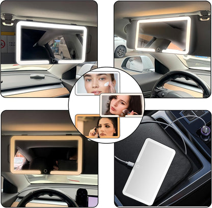 مرآة تجميل LED لحاجب الشمس في السيارة، مرآة مكياج قابلة لإعادة الشحن مع شاشة تعمل باللمس، 3 أوضاع إضاءة، حاجب شمس محمول لمستحضرات التجميل مع أضواء LED للسيارات