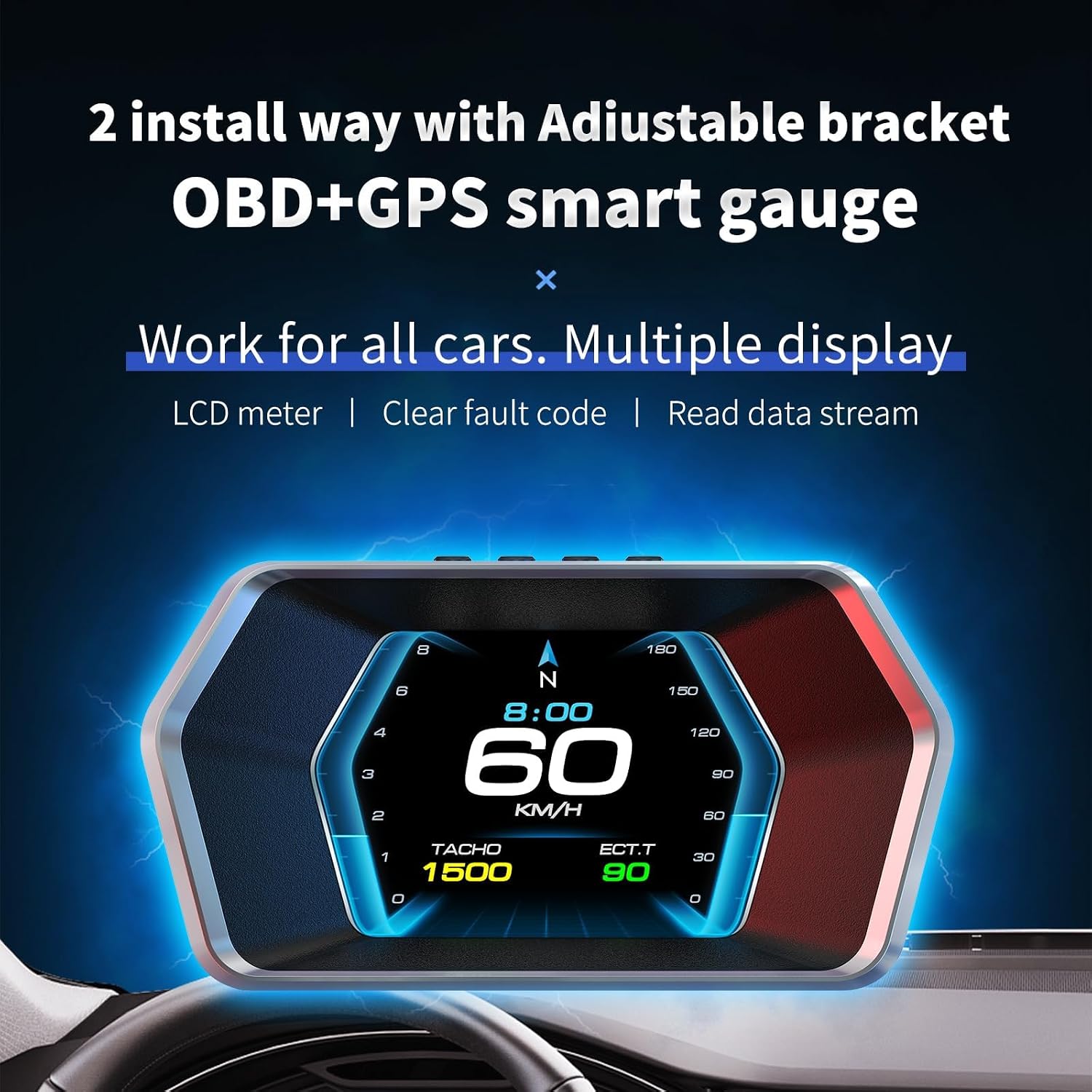 PINKE Heads up Display P17, Car Smart OBD2 Gauge Display, GPS Speedometer with Vehicle Speed, RPM, Fuel Consumption Voltage Multi Data Intelligent Instrument for All Cars