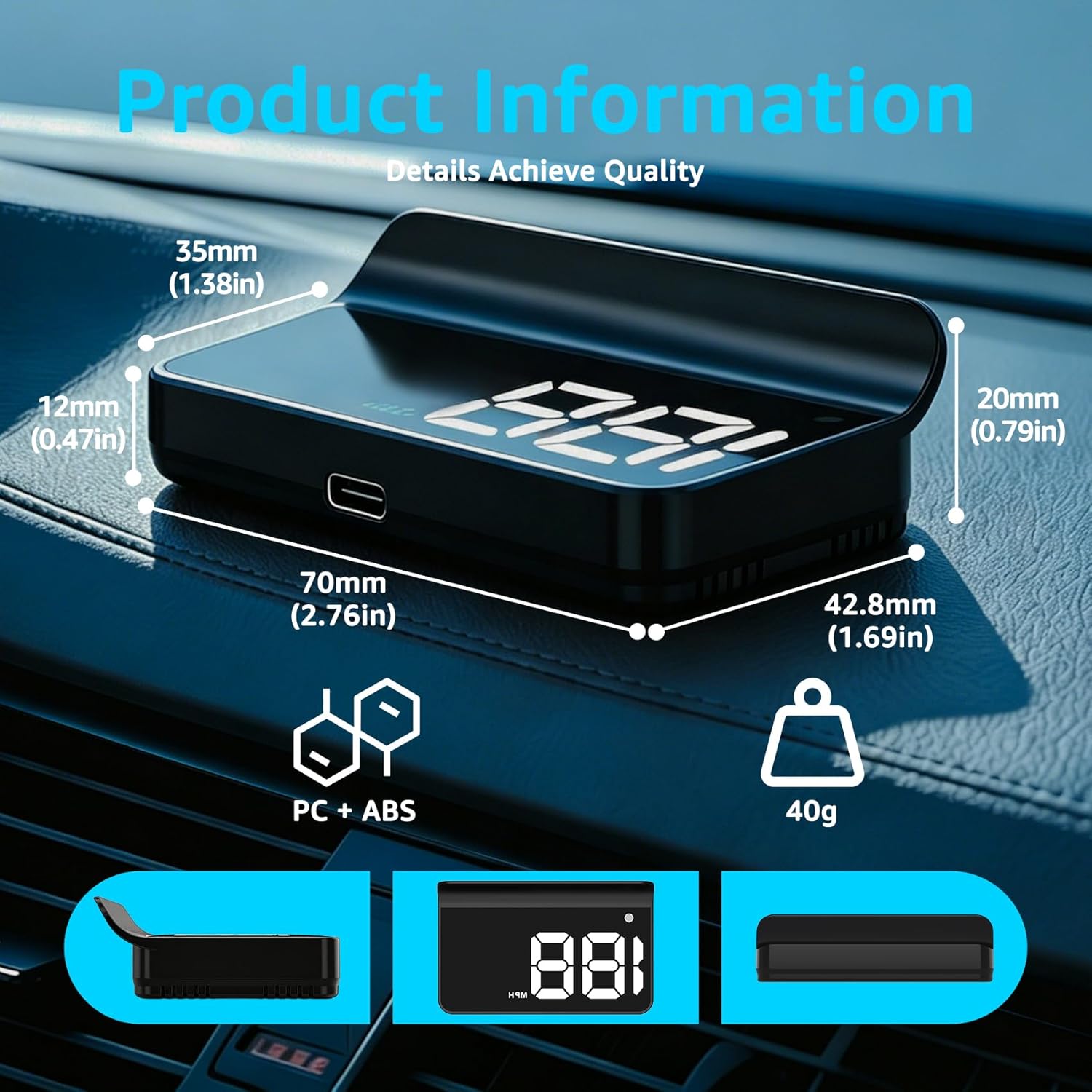 شاشة عرض امامية للسيارة من كويويهود، توصيل وتشغيل USB، سطوع تلقائي، شاشة عرض كبيرة
