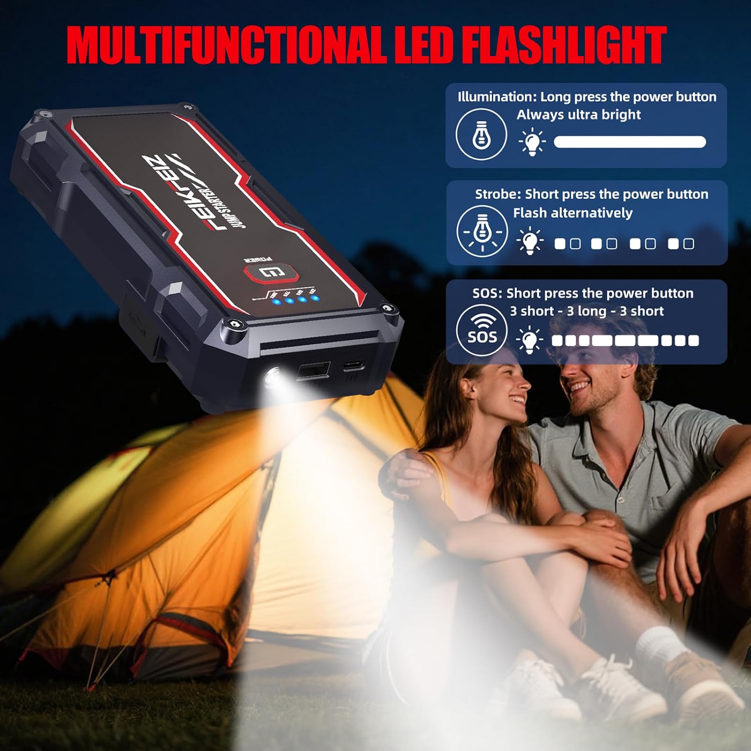 FEIKFEIZ Car Jump Starter, 6000A Peak 26800mAh 12V Battery Jumper Starter Portable for Up to All Gas/8.0L Diesel Vehicles with USB Charge Output Port and LED Lights.