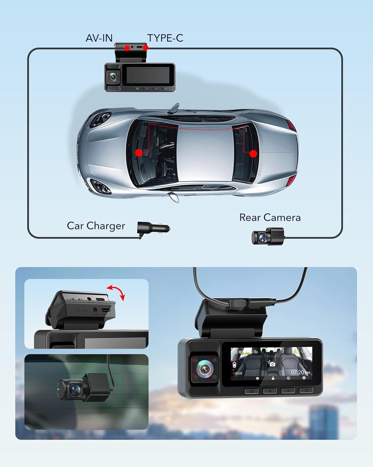 REDTIGER A3 3 Channel Dash Cam Front Rear, 1440P+1080P+1080P Dash Camera, Support Arabic language, Included 32GB Card, 24H Parking Mode, 3.18''Screen Car Camera, WiFi, IR Night Vision, Loop Recording