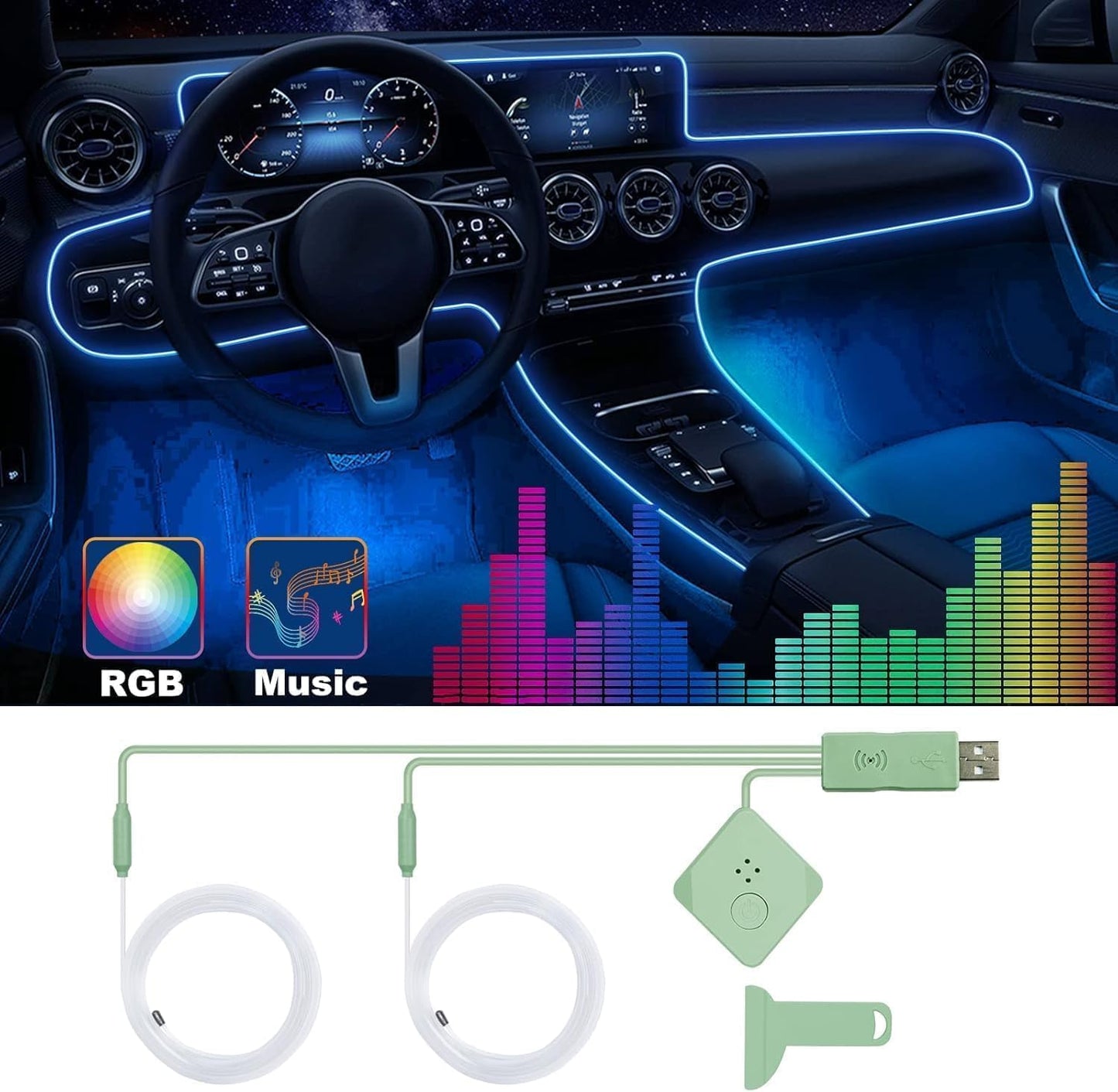 شريط إضاءة LED داخلي للسيارة، إضاءة محيطة LED بألوان RGB بـ 16 مليون لون من الألياف الضوئية وإيقاع مزامنة الموسيقى، ملحقات إضاءة LED نيون USB للوحة التحكم المركزية ولوحة القيادة، نسخة مطورة