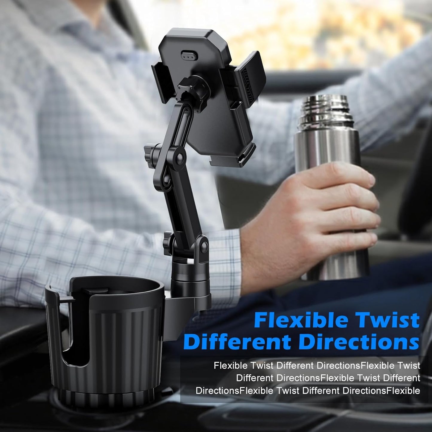Car Cup Holder Phone Mount, 2-in-1 Universal Stand with Cup Holder Expander, 360° Rotation, Black, ABS Plastic, compatible with iPhone and Android