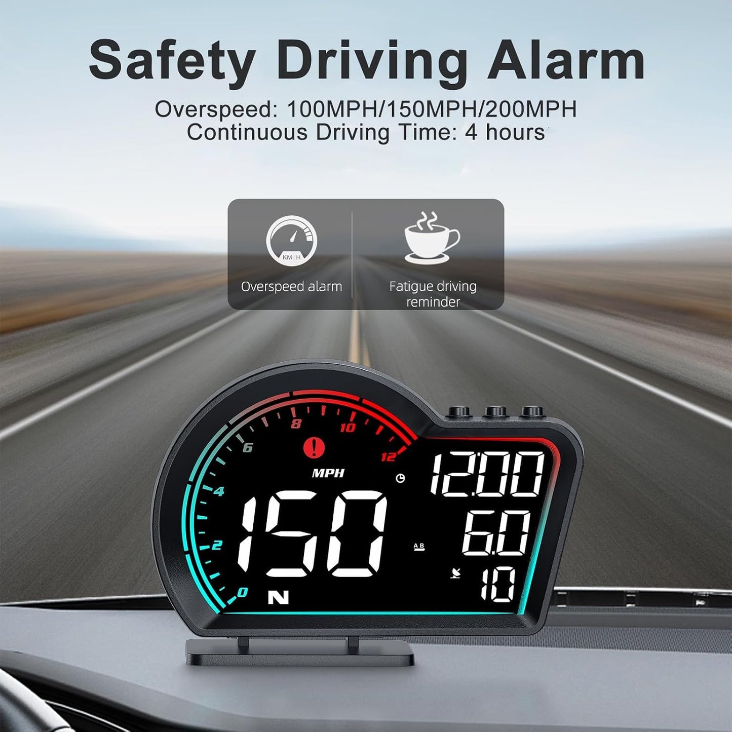 HUD Digital Speedometer for Car- Universal Heads Up Display with Oversize Screen, Large LCD MPH Speed & Fatigue Alert, Over-Speed Alarm Compass