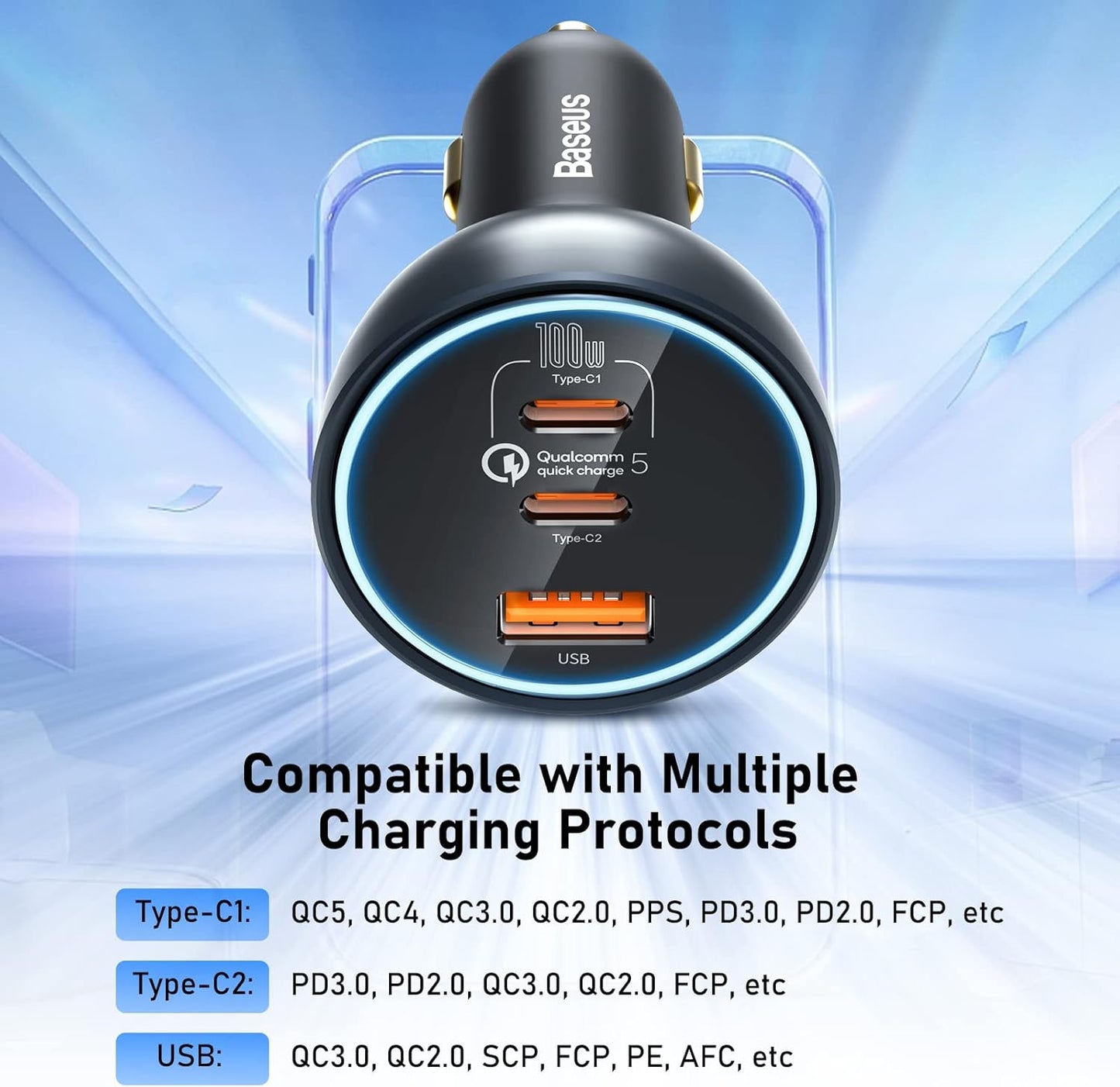 شاحن سيارة USB C، شاحن سيارة باسيوس 160 واط، محول شاحن سيارة سريع QC5.0 PD3.0 بـ3 منافذ، شاحن USB لولاعة السجائر لايفون كروم بوك وسامسونج جالاكسي S21 وايباد برو وماك بوك 2021 وديل لابتوب