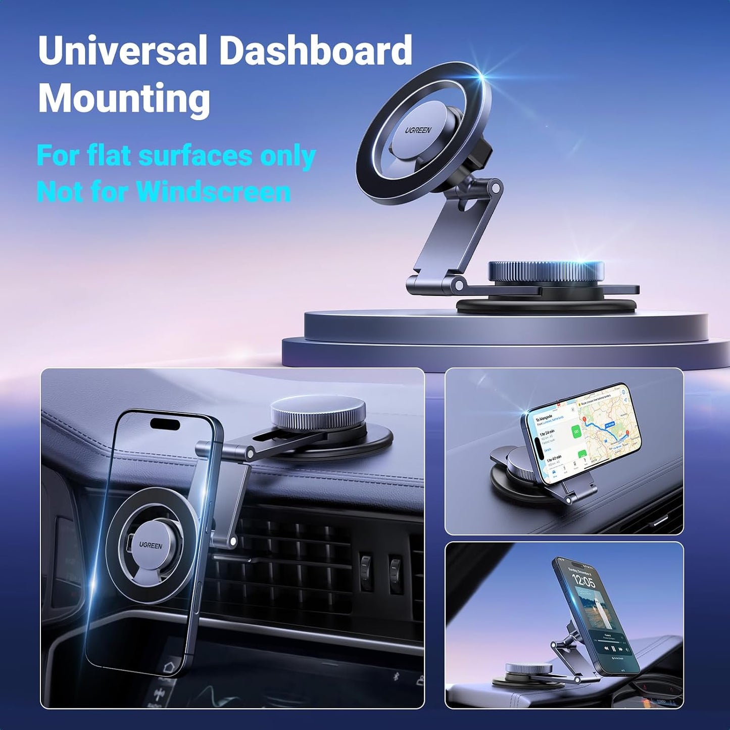 UGREEN MagSafe Car Mount Tesla Magnetic Car Phone Holder, [Upgraded 5-in-1 Tesla/Dashboard/Windscreen/Table], [360° Rotation Retractable Accessories], Fit for iPhone 17/16/15/14, Samsung S25/24/23