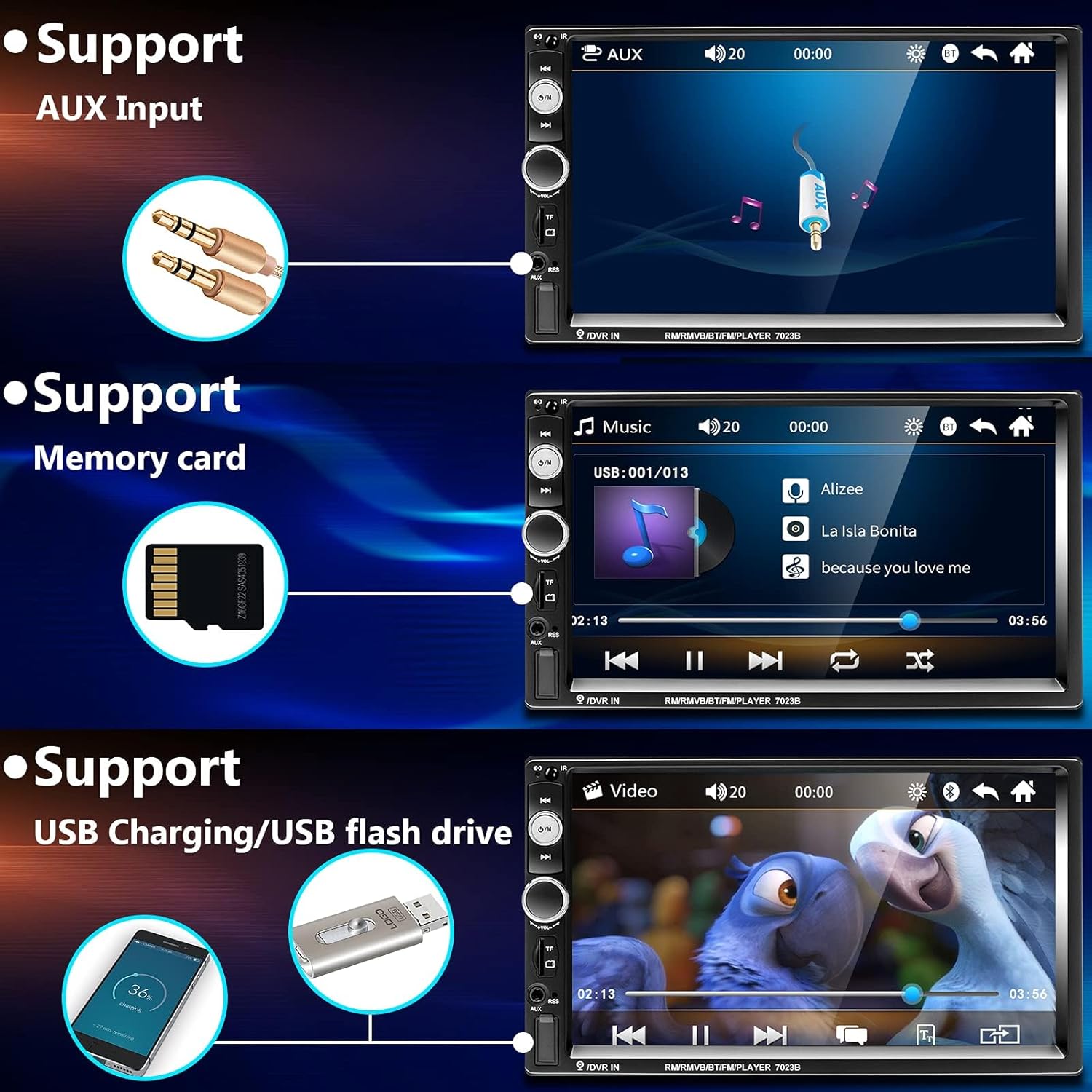 بودوفو راديو ستيريو للسيارة مزدوج دين مع شاشة LCD رقمية تعمل باللمس 7 انش، MP3/USB/SD AM/FM، بلوتوث، جهاز تحكم عن بعد لاسلكي