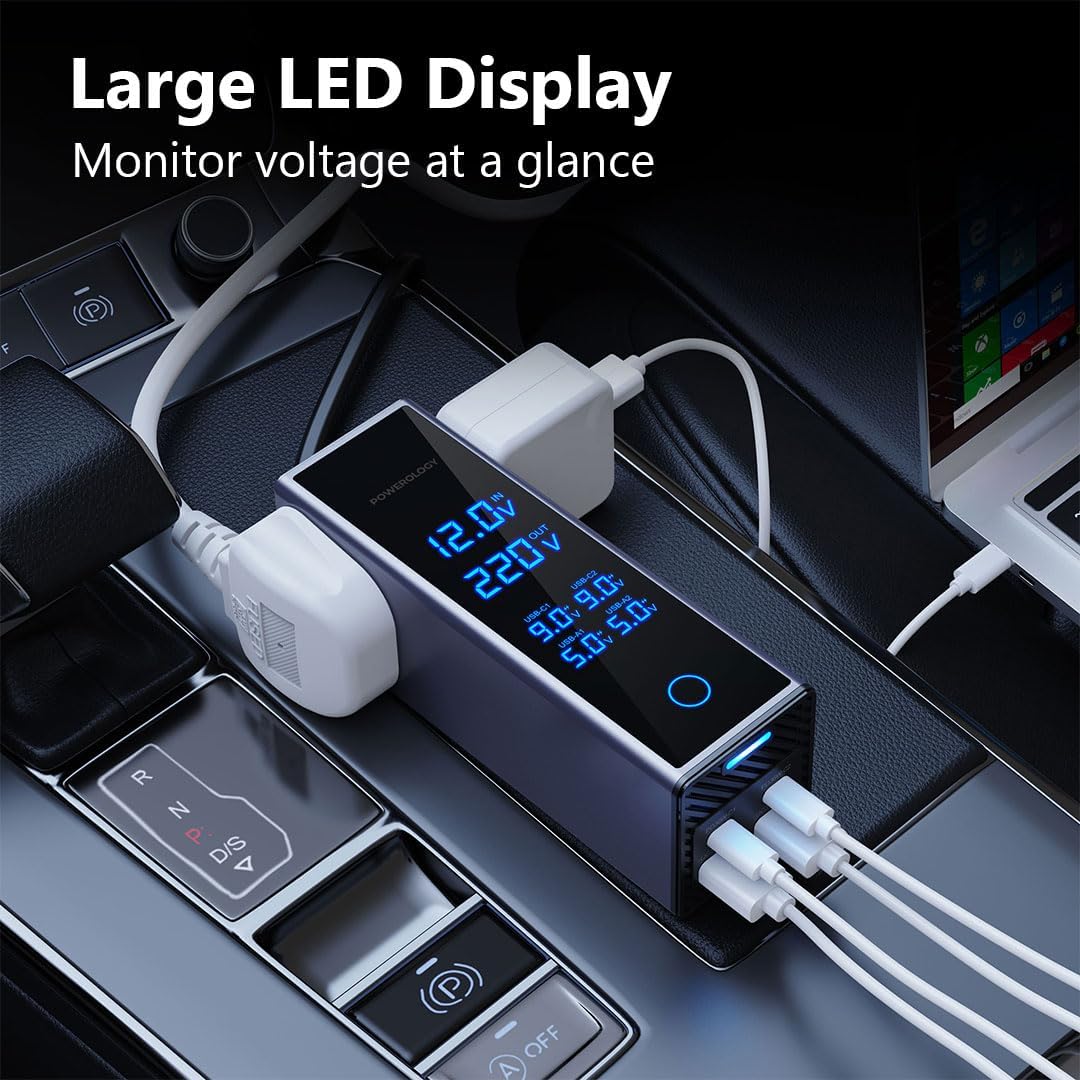 باورلوجي عاكس كهربائي للسيارة 300 واط، منفذان AC، منفذان USB بشحن سريع بقدرة 36 واط، محول قابس مدمج للمركبات، شاشة عرض الجهد، شاحن سيارة للهاتف أو الكمبيوتر المحمول، حماية مدمجة