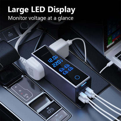باورلوجي عاكس كهربائي للسيارة 300 واط، منفذان AC، منفذان USB بشحن سريع بقدرة 36 واط، محول قابس مدمج للمركبات، شاشة عرض الجهد، شاحن سيارة للهاتف أو الكمبيوتر المحمول، حماية مدمجة