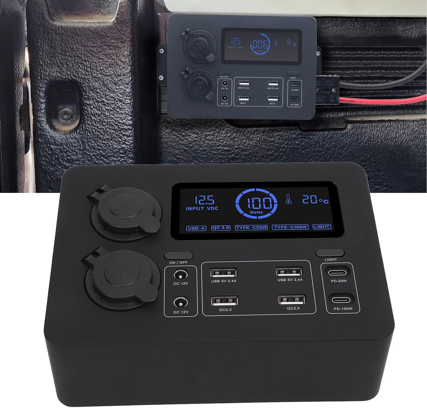 صندوق طاقة صغير للقارب 12 فولت من لوكيوت، شاشة LCD 100 واط بمنفذ USB C QC3.0 مع 4 منافذ لقارب ار في والسيارة وسيارات الدفع الرباعي والتخييم والصيد