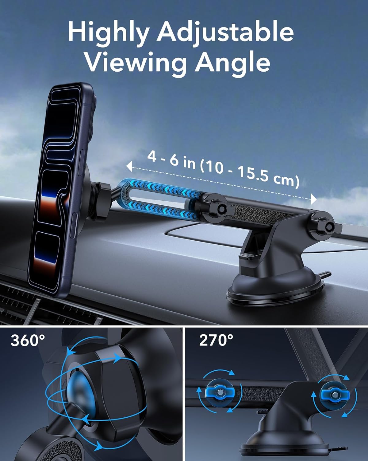 ESR Dashboard Magnetic Phone Holder for Car, for MagSafe Car Mount, Windshield Vacuum Car Mount for iPhone 17/16/16e/S25/Google Pixel 10, Car Accessories, Charging Not Supported,2 Metal Rings Included