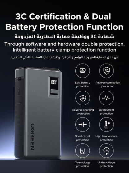 UGREEN Car Battery Jump Starter, 1000A UltraSafe 12V Battery Pack, 3 in 1 Battery Booster, Jump Box, 12000mAh Portable Power Bank with Digital Screen, Jump Leads and LED Light for Emergency and Travel