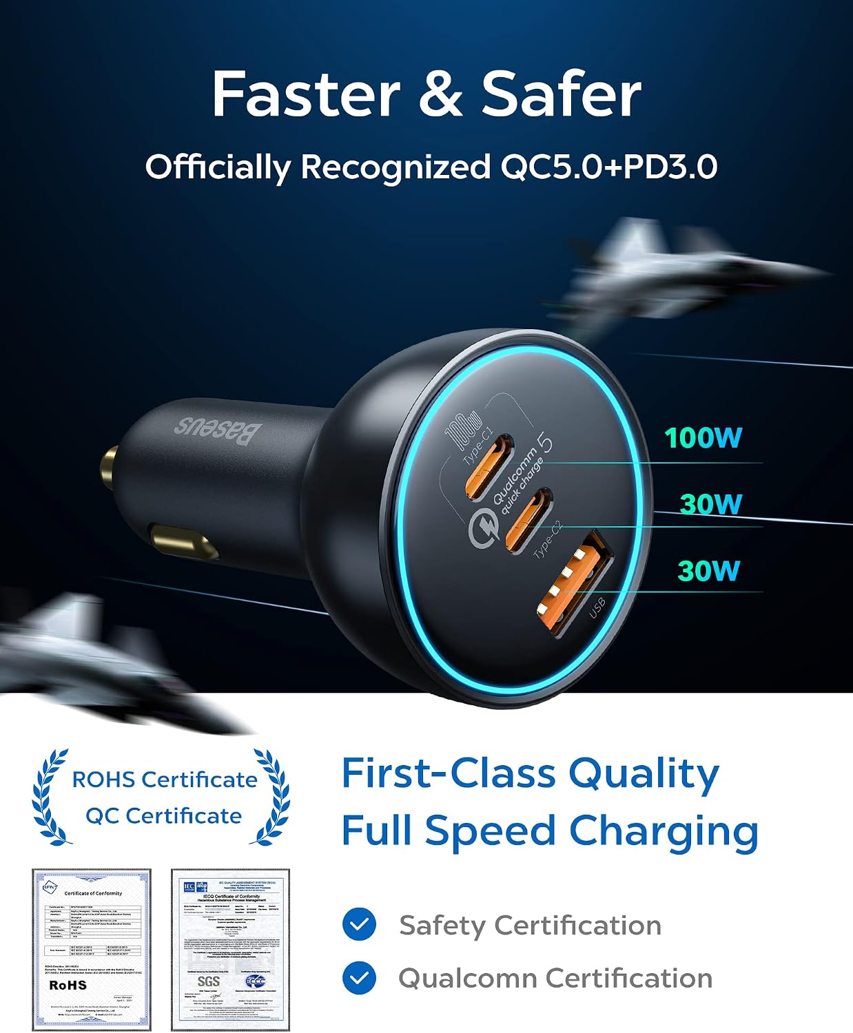 شاحن سيارة USB C، شاحن سيارة باسيوس 160 واط، محول شاحن سيارة سريع QC5.0 PD3.0 بـ3 منافذ، شاحن USB لولاعة السجائر لايفون كروم بوك وسامسونج جالاكسي S21 وايباد برو وماك بوك 2021 وديل لابتوب