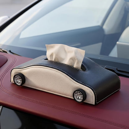 Car-Shaped Tissue Box Holder, PU Leather Tissue Case with Anti-Slip Base, Auto Interior Organizer Napkin Holder, Luxury Car Accessories for Dashboard (Black and beige)