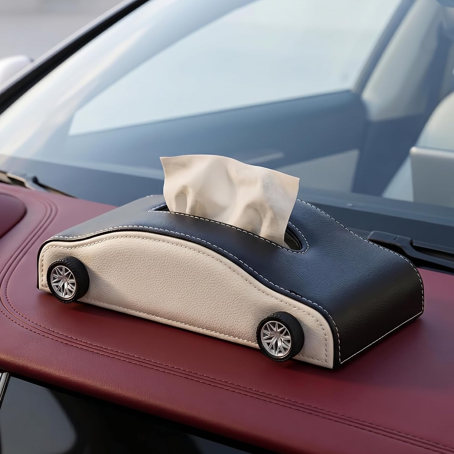 Car-Shaped Tissue Box Holder, PU Leather Tissue Case with Anti-Slip Base, Auto Interior Organizer Napkin Holder, Luxury Car Accessories for Dashboard (Black and beige)