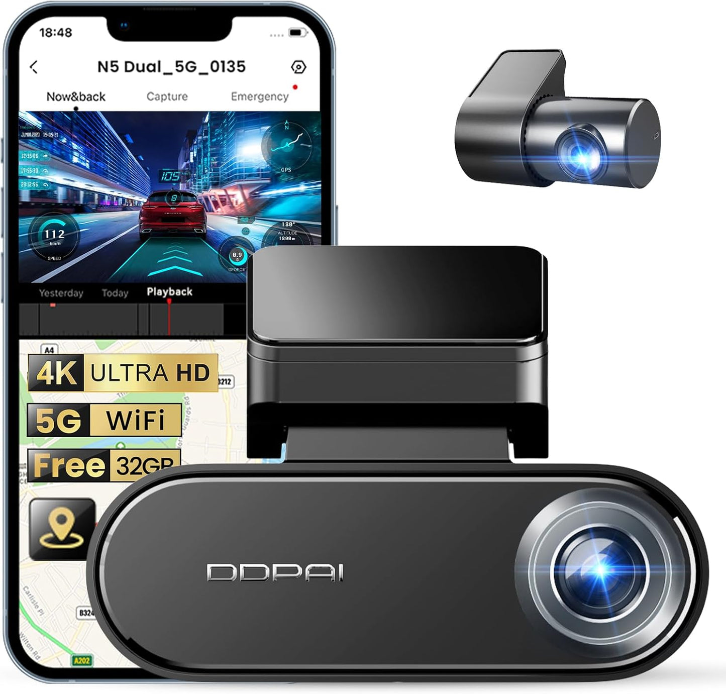 DDPAI 4K Dash Cam for Cars, Front and Rear 2160P+1080P Dashcam Built-in 32G eMMC ADAS 5G WiFi GPS with APP Control 24 Hours Parking Monitor, N5 Dual