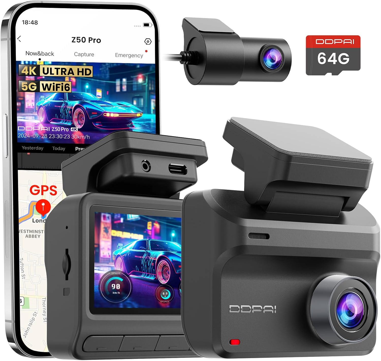 DDPAI Dash Cam for Cars, 4K+1080P Front and Rear Dashcam for Cars, Included 64GB Card Dash Camera, Built-in 5G WiFi6 GPS, 3'' IPS, 48H Parking Mode, Super Night Vision, ADAS, Loop Recording, Z50 Pro