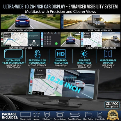 شاشة كاربلاي لاسلكية 4K للسيارة، 10.3 انش، شاشة لمس ستيريو للسيارة بنظام تشغيل اندرويد، كاميرا داش مع كاميرا احتياطية، اير بلاي، نظام تحديد المواقع/بلوتوث/ميرور لينك/ايه يو اكس لجميع المركبات