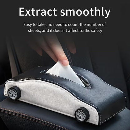 Car-Shaped Tissue Box Holder, PU Leather Tissue Case with Anti-Slip Base, Auto Interior Organizer Napkin Holder, Luxury Car Accessories for Dashboard (Black and beige)