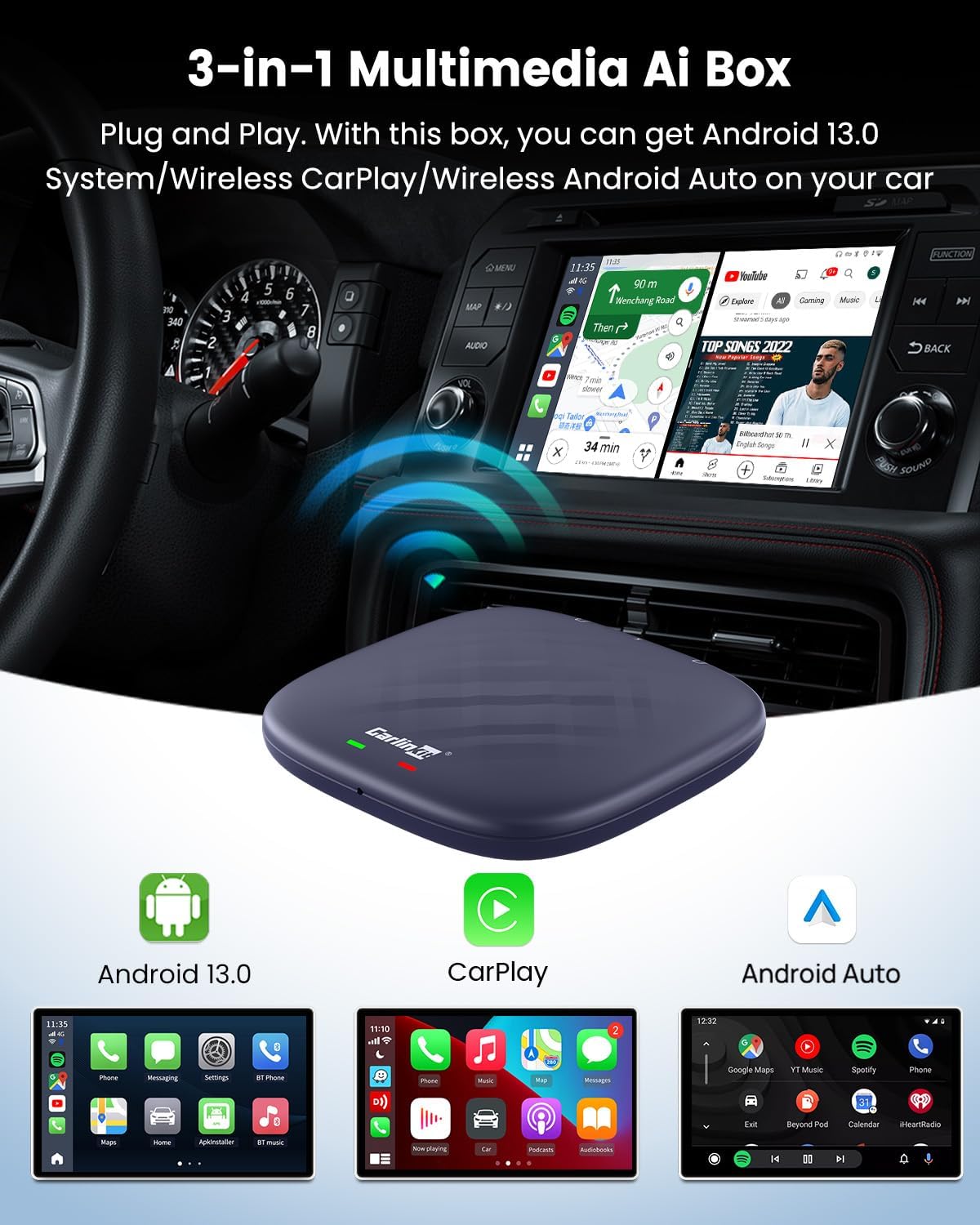 Carlinkit Android 13 Ai Box Pro Series: Transform Your Car into a Multimedia Adapter with Qualcomm Octa-core 6125, 4+64GB Memory, and Built-in Google Play Store and Bluetooth Gaming Controller